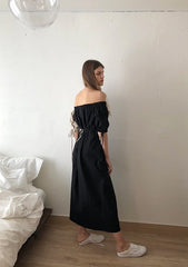 Two-Tone Off-Shoulder Linen Midi Dress with Contrast Puff Sleeves and Adjustable Waist Tie