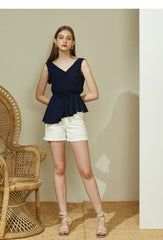 High-Waisted Raw Hem Denim Shorts in Cotton Blend Fabric
