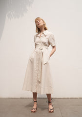 Women's Linen Shirt Midi Dress – Short Sleeve Collared Dress with Waist Tie and Pockets