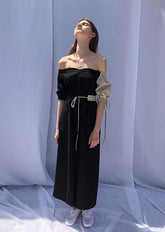 Two-Tone Off-Shoulder Linen Midi Dress with Contrast Puff Sleeves and Adjustable Waist Tie