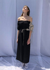 Two-Tone Off-Shoulder Linen Midi Dress with Contrast Puff Sleeves and Adjustable Waist Tie