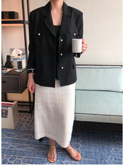 Tailored Double-Breasted Linen Blazer With Pearl Button Accents And Structured Silhouette