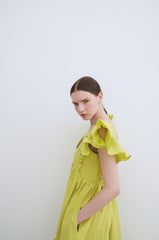 Linen Maxi Dress with Deep V-Neckline and Ruffled Flutter Sleeves