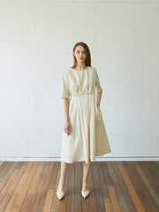 Elegant Pleated Midi Dress In Premium Linen with Pockets and Tailored Half Sleeves