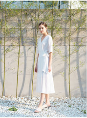 Wrap-Style Linen Midi Dress with Elbow-Length Sleeves and Waist Tie for Feminine Fit