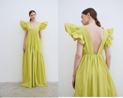 Linen Maxi Dress with Deep V-Neckline and Ruffled Flutter Sleeves