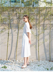 Wrap-Style Linen Midi Dress with Elbow-Length Sleeves and Waist Tie for Feminine Fit