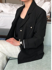 Tailored Double-Breasted Linen Blazer With Pearl Button Accents And Structured Silhouette