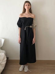Two-Tone Off-Shoulder Linen Midi Dress with Contrast Puff Sleeves and Adjustable Waist Tie