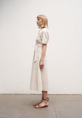 Women's Linen Shirt Midi Dress – Short Sleeve Collared Dress with Waist Tie and Pockets