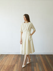 Elegant Pleated Midi Dress In Premium Linen with Pockets and Tailored Half Sleeves