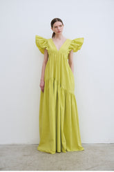 Linen Maxi Dress with Deep V-Neckline and Ruffled Flutter Sleeves