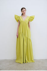 Linen Maxi Dress with Deep V-Neckline and Ruffled Flutter Sleeves