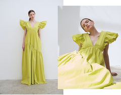 Linen Maxi Dress with Deep V-Neckline and Ruffled Flutter Sleeves