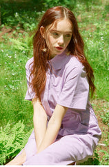 Collared Shirt-Style Linen Dress with Waist Tie and Side Slit Hem