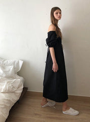 Two-Tone Off-Shoulder Linen Midi Dress with Contrast Puff Sleeves and Adjustable Waist Tie