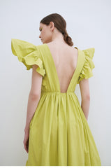 Linen Maxi Dress with Deep V-Neckline and Ruffled Flutter Sleeves