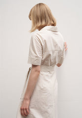 Women's Linen Shirt Midi Dress – Short Sleeve Collared Dress with Waist Tie and Pockets