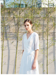 Wrap-Style Linen Midi Dress with Elbow-Length Sleeves and Waist Tie for Feminine Fit