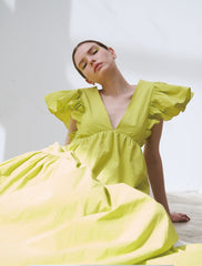 Linen Maxi Dress with Deep V-Neckline and Ruffled Flutter Sleeves