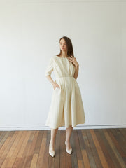 Elegant Pleated Midi Dress In Premium Linen with Pockets and Tailored Half Sleeves