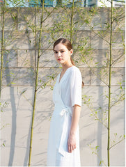 Wrap-Style Linen Midi Dress with Elbow-Length Sleeves and Waist Tie for Feminine Fit