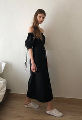 Two-Tone Off-Shoulder Linen Midi Dress with Contrast Puff Sleeves and Adjustable Waist Tie