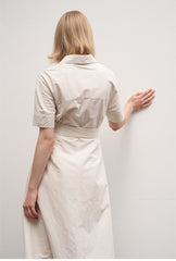 Women's Linen Shirt Midi Dress – Short Sleeve Collared Dress with Waist Tie and Pockets