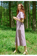 Collared Shirt-Style Linen Dress with Waist Tie and Side Slit Hem
