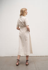 Women's Linen Shirt Midi Dress – Short Sleeve Collared Dress with Waist Tie and Pockets