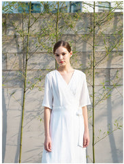 Wrap-Style Linen Midi Dress with Elbow-Length Sleeves and Waist Tie for Feminine Fit