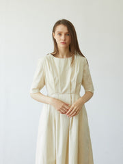 Elegant Pleated Midi Dress In Premium Linen with Pockets and Tailored Half Sleeves