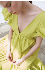 Linen Maxi Dress with Deep V-Neckline and Ruffled Flutter Sleeves