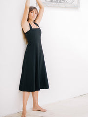 Women's Linen Midi Dress with Tailored Fit and Elegant Draped Back