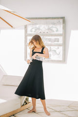 Women's Linen Midi Dress with Tailored Fit and Elegant Draped Back