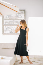 Women's Linen Midi Dress with Tailored Fit and Elegant Draped Back