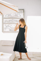 Women's Linen Midi Dress with Tailored Fit and Elegant Draped Back