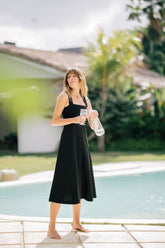 Women's Linen Midi Dress with Tailored Fit and Elegant Draped Back