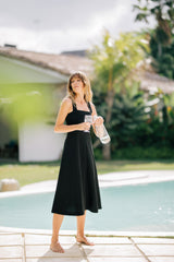 Women's Linen Midi Dress with Tailored Fit and Elegant Draped Back