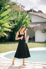 Women's Linen Midi Dress with Tailored Fit and Elegant Draped Back