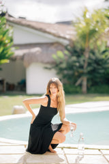 Women's Linen Midi Dress with Tailored Fit and Elegant Draped Back