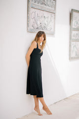 Women's Linen Midi Dress with Tailored Fit and Elegant Draped Back