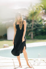 Women's Linen Midi Dress with Tailored Fit and Elegant Draped Back