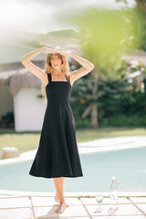 Women's Linen Midi Dress with Tailored Fit and Elegant Draped Back