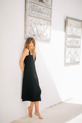 Women's Linen Midi Dress with Tailored Fit and Elegant Draped Back