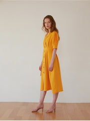 Women's Belted Linen Midi Shirt Dress with Puff Sleeves and Button Front – Tailored Summer Silhouette