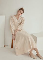 Elegant V-Neck Cotton Poplin Midi Dress with Long Sleeves and Back Tie Detail for Women