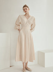 Elegant V-Neck Cotton Poplin Midi Dress with Long Sleeves and Back Tie Detail for Women