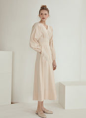 Elegant V-Neck Cotton Poplin Midi Dress with Long Sleeves and Back Tie Detail for Women