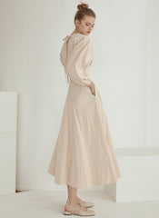 Elegant V-Neck Cotton Poplin Midi Dress with Long Sleeves and Back Tie Detail for Women